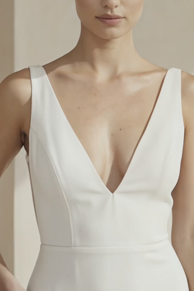 V - Neck Sleeveless Plunging Satin Wedding Dress in White - SHE IS ME Wedding Dresses