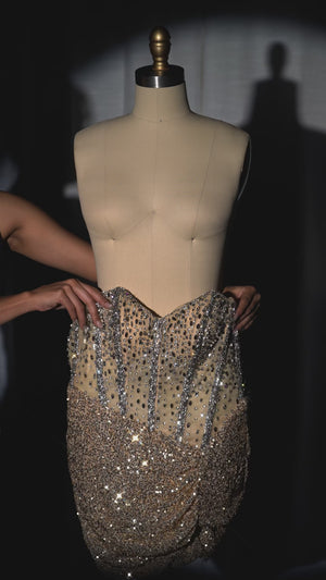 Strapless Sequins Mini Dress With Beading in Champagne