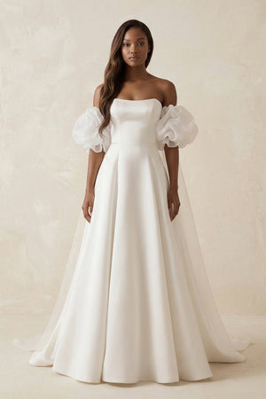 Puff Sleeves Off - the - Shoulder Satin A - Line Wedding Dress in White - SHE IS ME Wedding Dresses