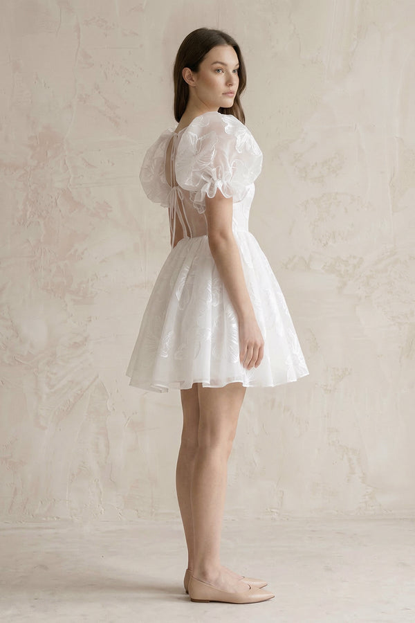 Puff Sleeves Square Neck A - Line Appliqued Tulle Wedding Dress in White - SHE IS ME Wedding Dresses
