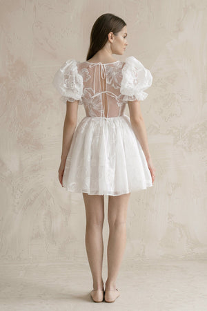 Puff Sleeves Square Neck A - Line Appliqued Tulle Wedding Dress in White - SHE IS ME Wedding Dresses