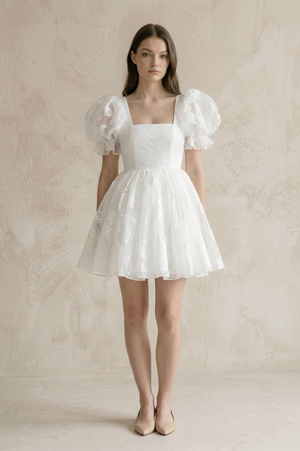 Puff Sleeves Square Neck A - Line Appliqued Tulle Wedding Dress in White - SHE IS ME Wedding Dresses