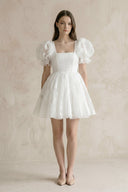 Puff Sleeves Square Neck A - Line Appliqued Tulle Wedding Dress in White - SHE IS ME Wedding Dresses
