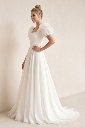 Puff Sleeves Square Neck A - Line Chiffon Wedding Dress in White - SHE IS ME Wedding Dresses