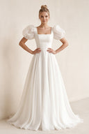 Puff Sleeves Square Neck A - Line Chiffon Wedding Dress in White - SHE IS ME Wedding Dresses