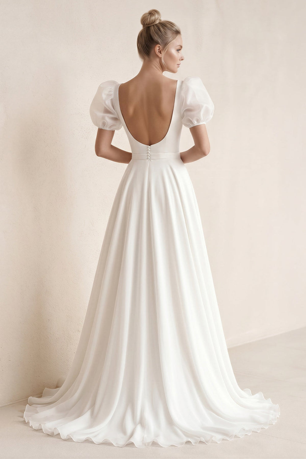 Puff Sleeves Square Neck A - Line Chiffon Wedding Dress in White - SHE IS ME Wedding Dresses