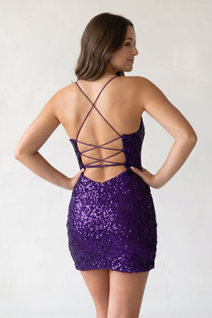 Purple Bodycon Halter Spaghetti Straps Mini Homecoming Dresses | Sheisme