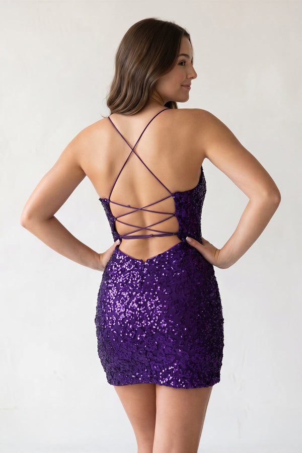 Purple Bodycon Halter Spaghetti Straps Mini Homecoming Dresses | Sheisme