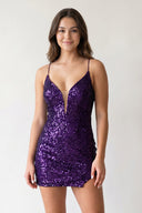 Purple Bodycon Halter Spaghetti Straps Mini Homecoming Dresses | Sheisme