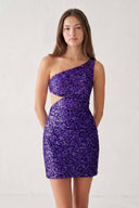 Purple One Shoulder Sequins Bodycon Cut out Mini Homecoming Dresses | SHEISME