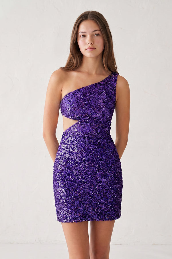 Purple One Shoulder Sequins Bodycon Cut out Mini Homecoming Dresses | SHEISME