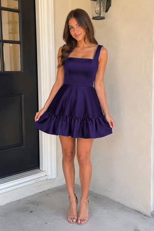 Zinovia Black A Line Satin Square Neck Ruffles Short Homecoming Dresses - SHEISME