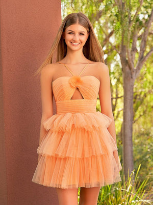 Orange A Line Tulle Keyhole Halter Short Homecoming Dress with Ruffles - SHEISME