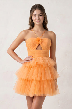 Orange A Line Tulle Keyhole Halter Short Homecoming Dress with Ruffles - SHEISME