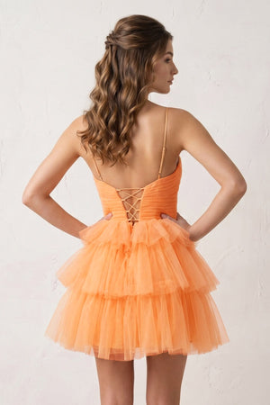 Orange A Line Tulle Keyhole Halter Short Homecoming Dress with Ruffles - SHEISME