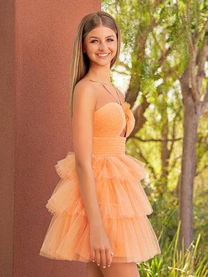 Orange A Line Tulle Keyhole Halter Short Homecoming Dress with Ruffles - SHEISME