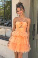 Orange A Line Tulle Keyhole Halter Short Homecoming Dress with Ruffles - SHEISME