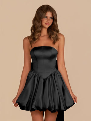 Black Strapless A Line Satin Short Homecoming Dress With Bow - SHEISME