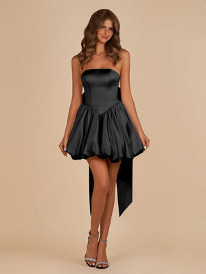 Black Strapless A Line Satin Short Homecoming Dress With Bow - SHEISME