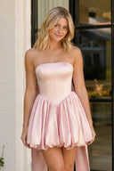 Pink Strapless A Line Satin Short Homecoming Dress With Bow - SHEISME