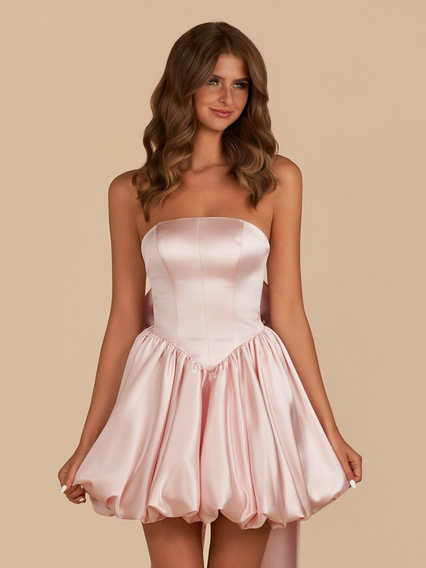 Pink Strapless A Line Satin Short Homecoming Dress With Bow - SHEISME