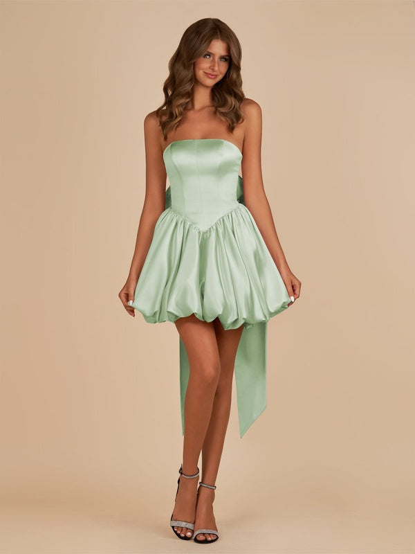 Sage Green Strapless A Line Satin Short Homecoming Dress With Bow - SHEISME