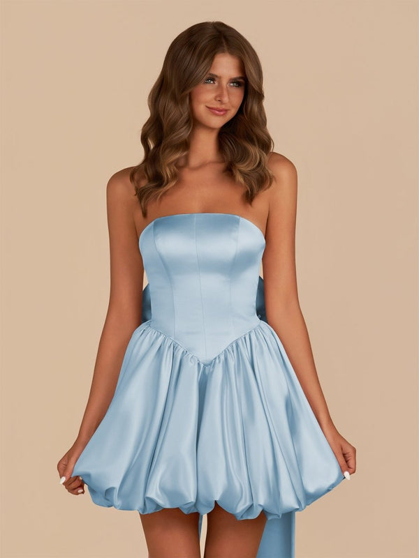 Sky Blue Strapless A Line Satin Short Homecoming Dress With Bow - SHEISME