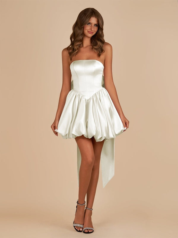 White Strapless A Line Satin Short Homecoming Dress With Bow - SHEISME