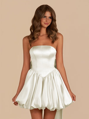 White Strapless A Line Satin Short Homecoming Dress With Bow - SHEISME