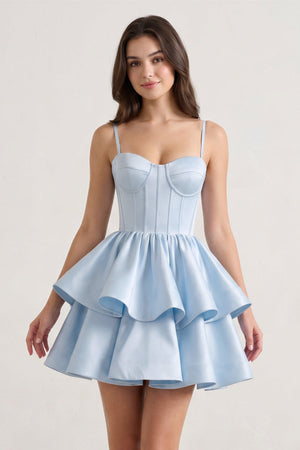 Sky Blue  A Line Sweetheart Satin Ruffles Short Homecoming Dress-SHEISME