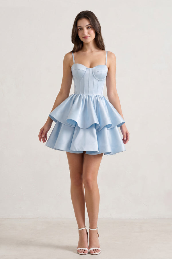 Sky Blue  A Line Sweetheart Satin Ruffles Short Homecoming Dress-SHEISME