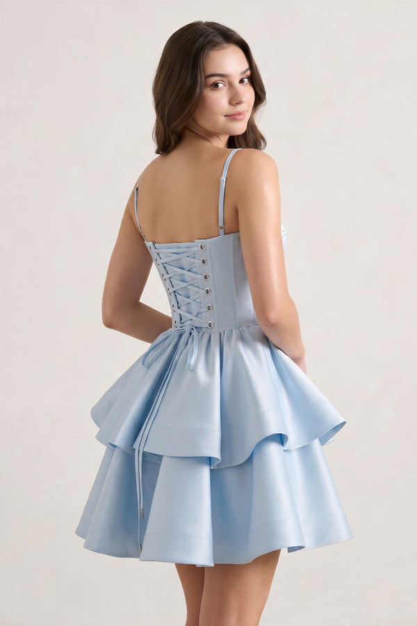 Sky Blue  A Line Sweetheart Satin Ruffles Short Homecoming Dress-SHEISME