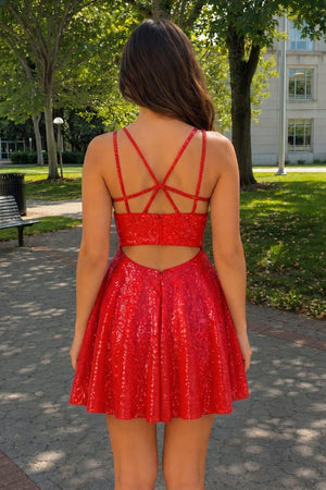 Red A-Line Double Straps Sequins Homecoming Dress (2) | SHEISME