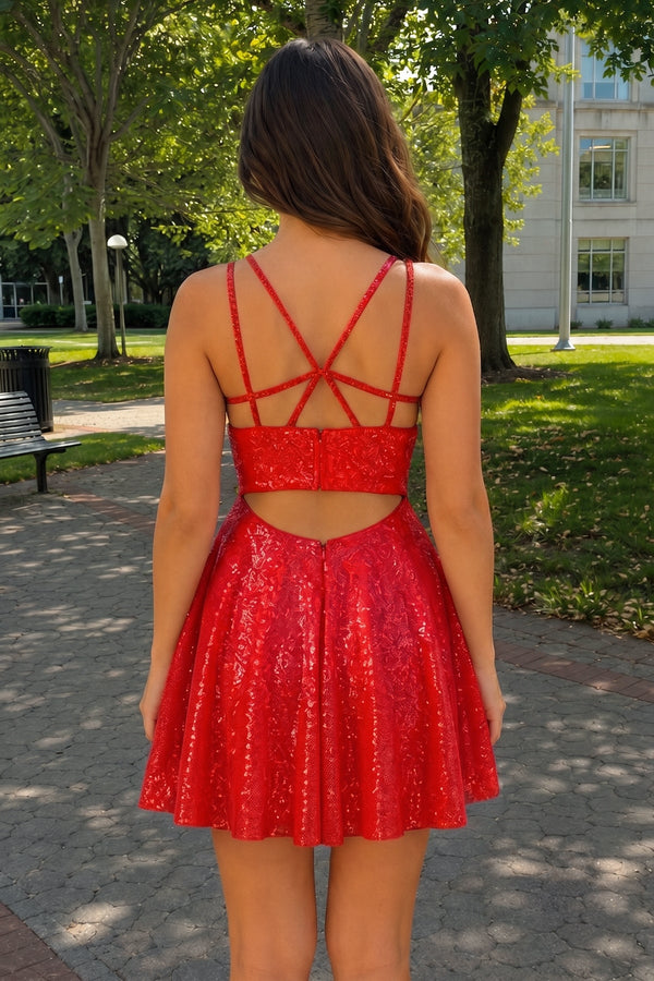 Red A-Line Double Straps Sequins Homecoming Dress (2) | SHEISME