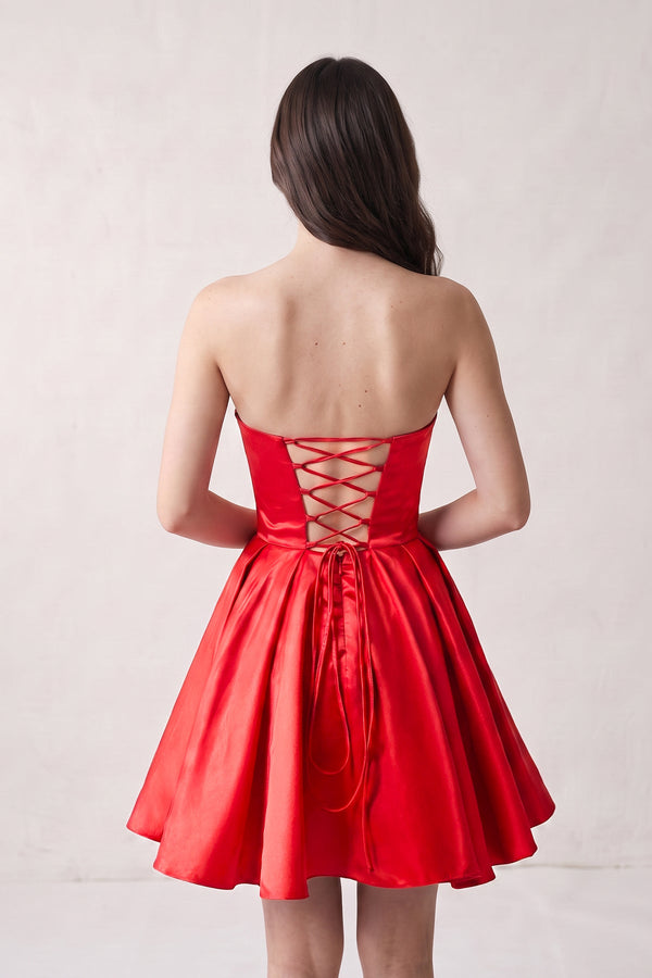Red A Line Strapless Satin Homecoming Dress (2) | SHEISME