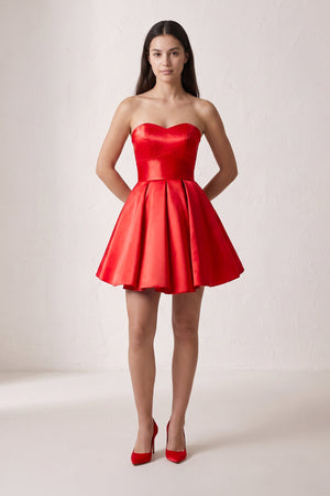 Red A Line Strapless Satin Homecoming Dress (3) | SHEISME