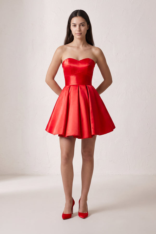 Red A Line Strapless Satin Homecoming Dress (3) | SHEISME