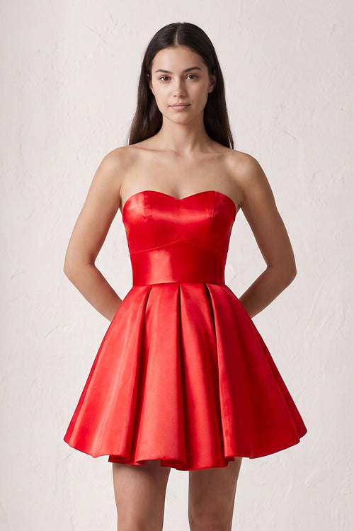 Red A Line Strapless Satin Homecoming Dress | SHEISME