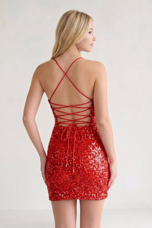 Red Glitter Red Sequin Spaghetti Straps Lace Up Tight Mini Party Dresses-SHEISME