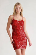 Red Glitter Red Sequin Spaghetti Straps Lace Up Tight Mini Party Dresses-SHEISME
