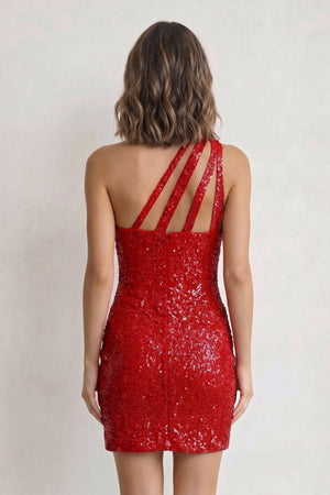 Red Sheath One Shoulder Sequins Mini Party Dresses - SHEISME