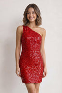 Red Sheath One Shoulder Sequins Mini Party Dresses - SHEISME