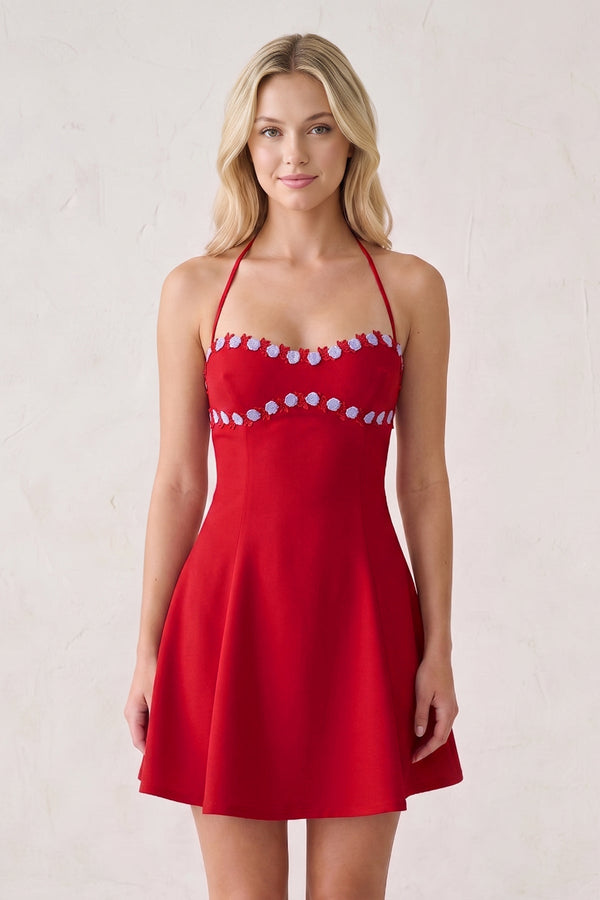 Red Halter A-Line Embroidery Satin Short Homecoming Dress (3) | SHEISME