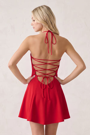 Red Halter A-Line Embroidery Satin Short Homecoming Dress (4) | SHEISME
