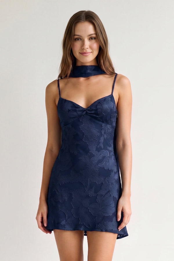 Navy Blue Jacquard Chiffon Cami Straps Sheath Homecoming Dress with Scarf | SHEISME