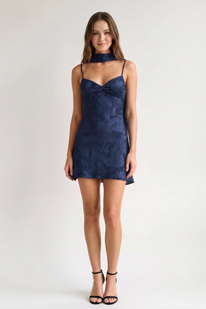 Navy Blue Jacquard Chiffon Cami Straps Sheath Homecoming Dress with Scarf (3) | SHEISME