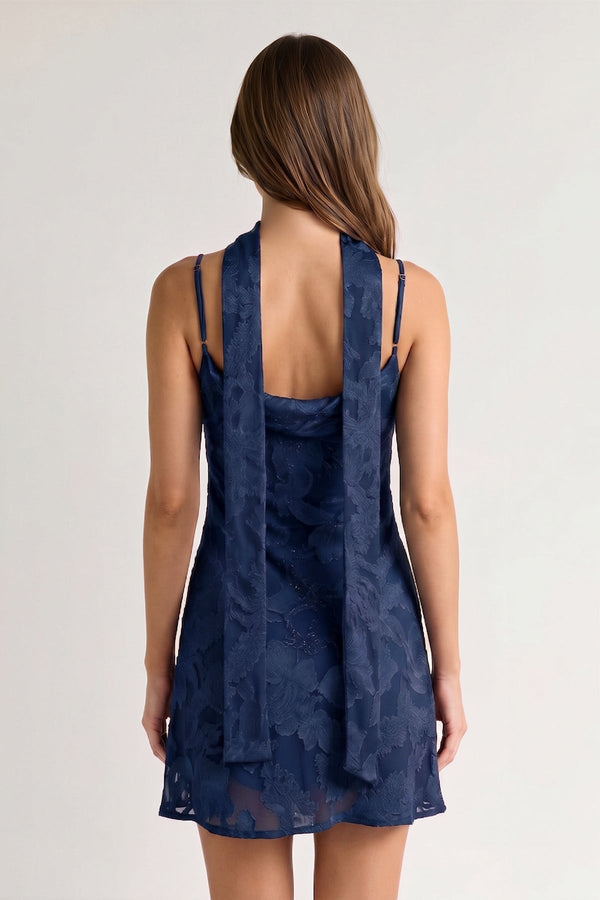 Navy Blue Jacquard Chiffon Cami Straps Sheath Homecoming Dress with Scarf (2) | SHEISME