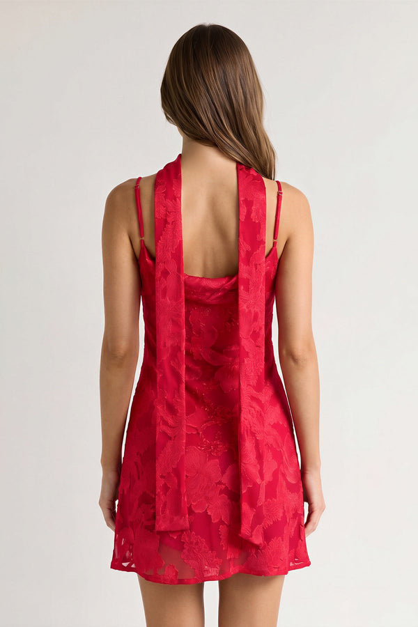 Red Jacquard Chiffon Cami Straps Sheath Homecoming Dress with Scarf (2) | SHEISME