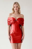 Red Off The Shoulder Satin Bodycon Short Homecoming Dress With Beading | SHEISME