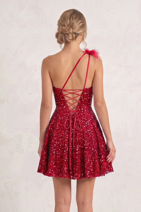 Red One Shoulder A Line Sequins Homecoming Dresses With Feathers (2) | SHEISME